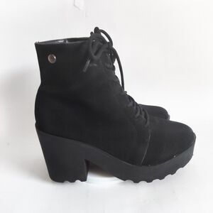 Black Combat Lace-up Platform Lug Sole 3.5" Chunky Block Heel Ankle Boots Vegan